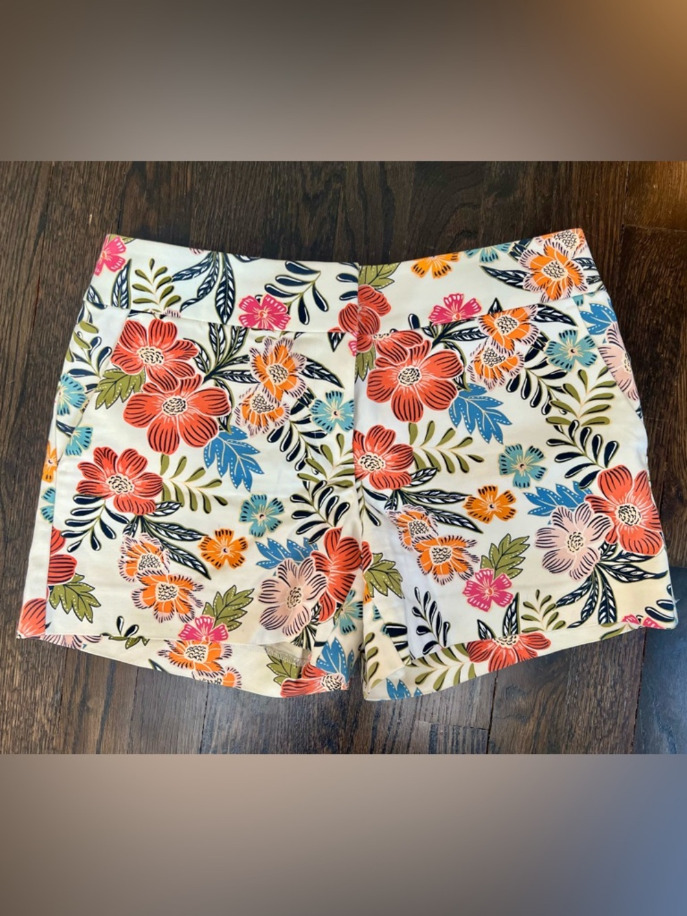 LOFT Sz 2 Floral Print Shorts in Cream with Coral, Blue & Pink Flowers